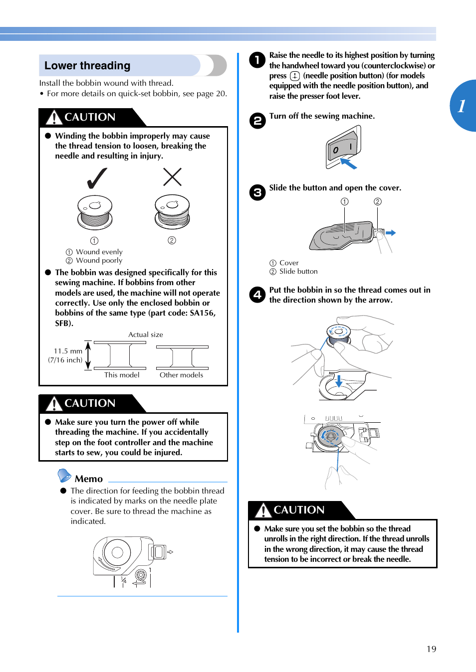Lower threading, Caution | Brother FS-20 User Manual | Page 21 / 100