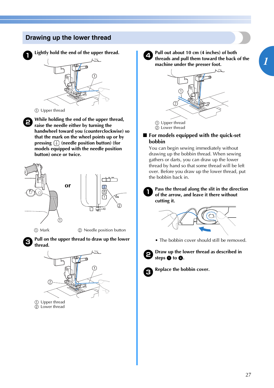 Drawing up the lower thread | Brother FS-20 User Manual | Page 29 / 100