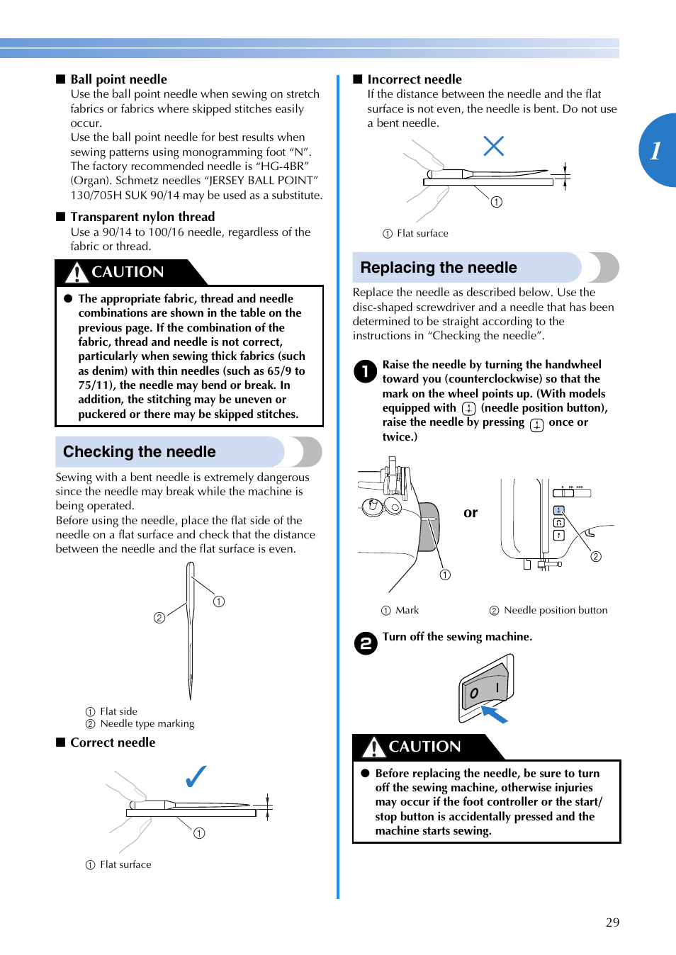 Checking the needle, Replacing the needle, Caution | Or caution | Brother FS-20 User Manual | Page 31 / 100