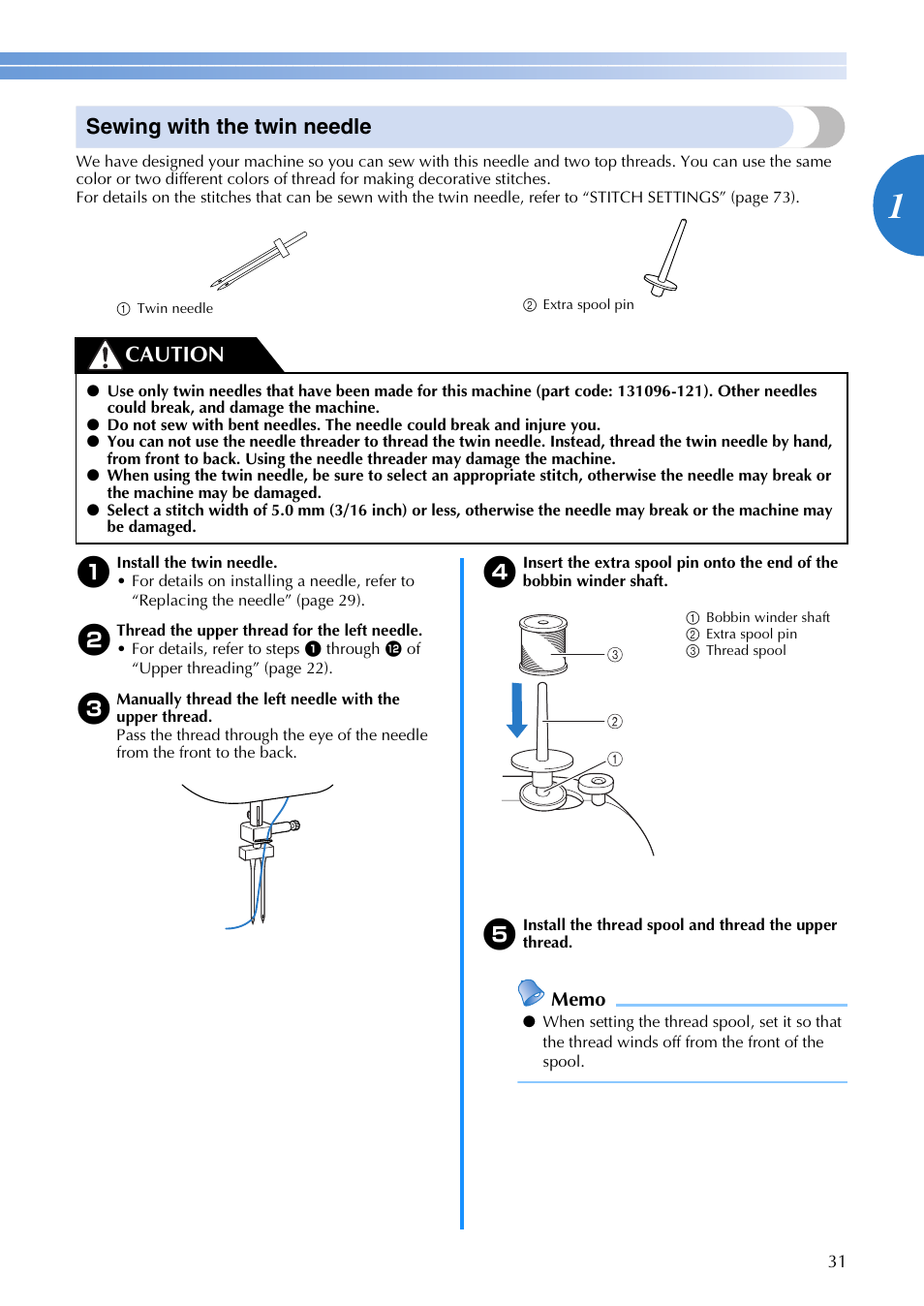 Sewing with the twin needle, Caution | Brother FS-20 User Manual | Page 33 / 100