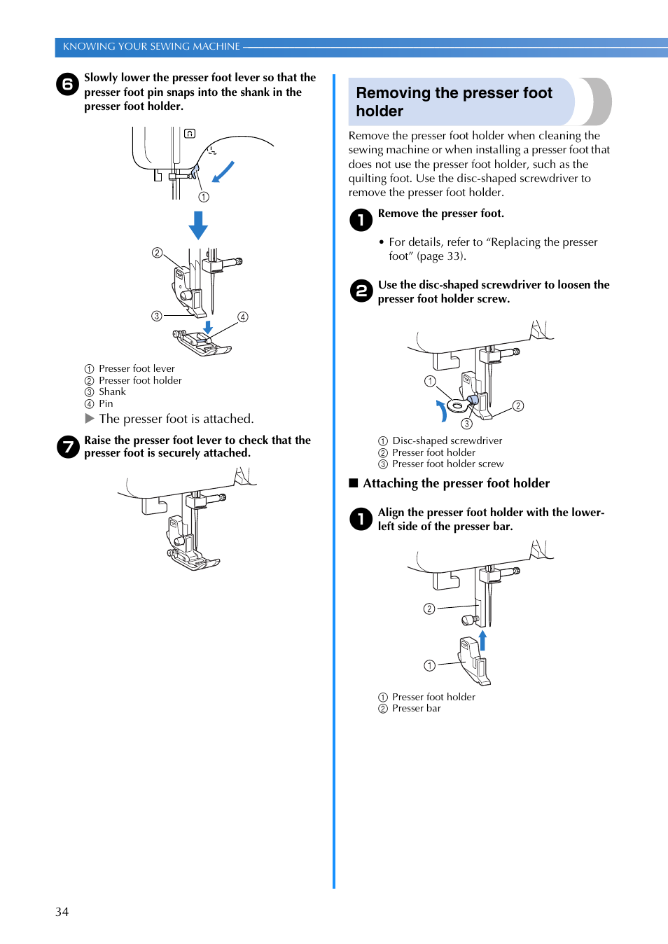 Removing the presser foot holder | Brother FS-20 User Manual | Page 36 / 100