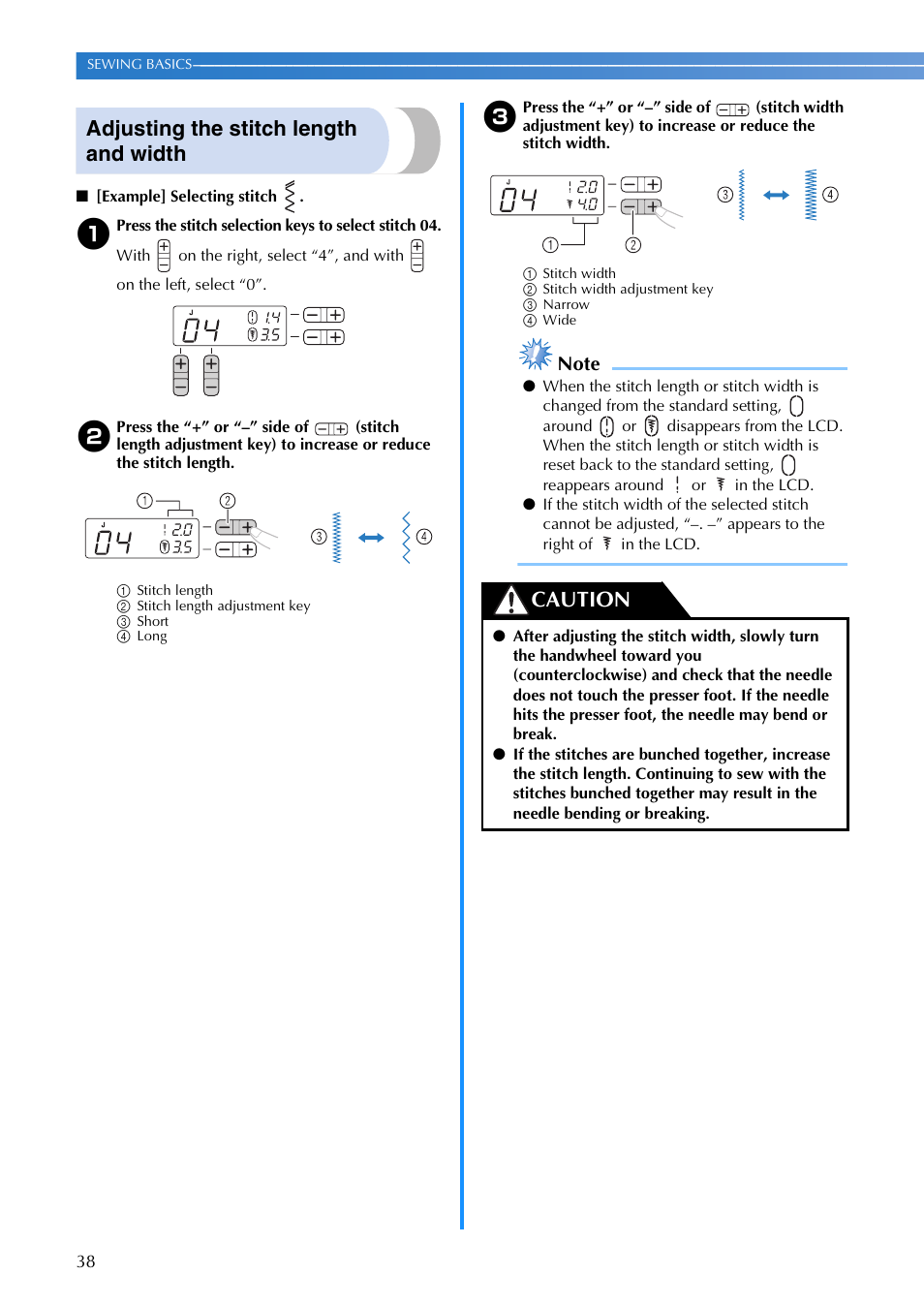 Adjusting the stitch length and width, Caution | Brother FS-20 User Manual | Page 40 / 100