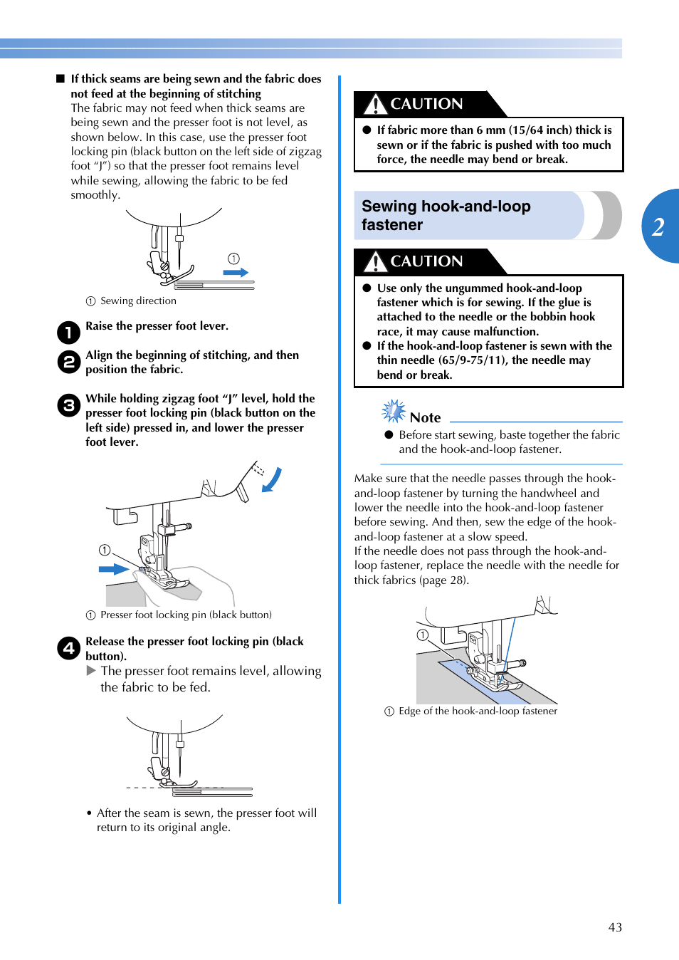 Sewing hook-and-loop fastener, Caution | Brother FS-20 User Manual | Page 45 / 100