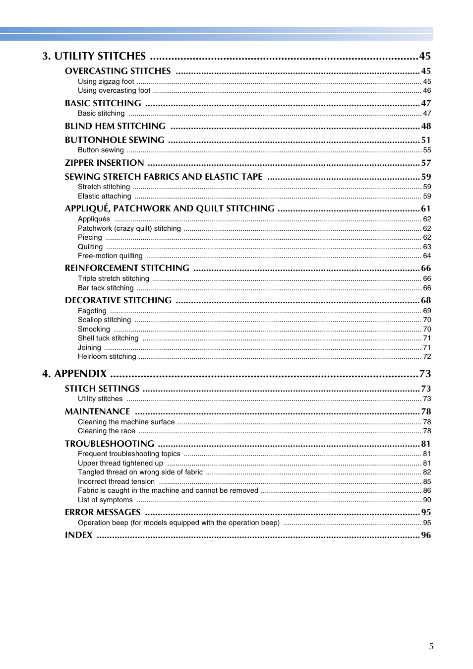 Utility stitches, Appendix | Brother FS-20 User Manual | Page 7 / 100