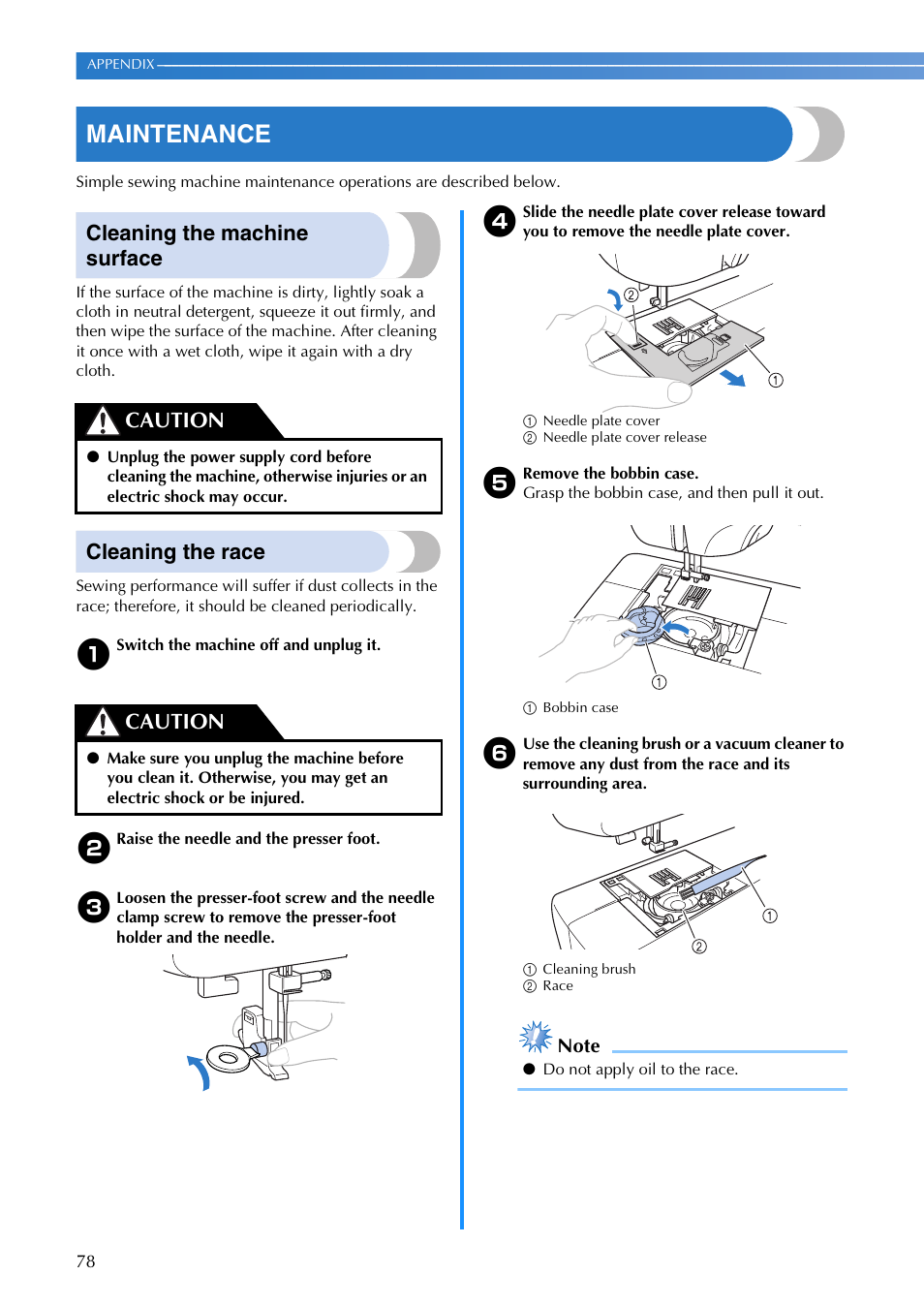 Maintenance, Cleaning the machine surface, Cleaning the race | Caution | Brother FS-20 User Manual | Page 80 / 100