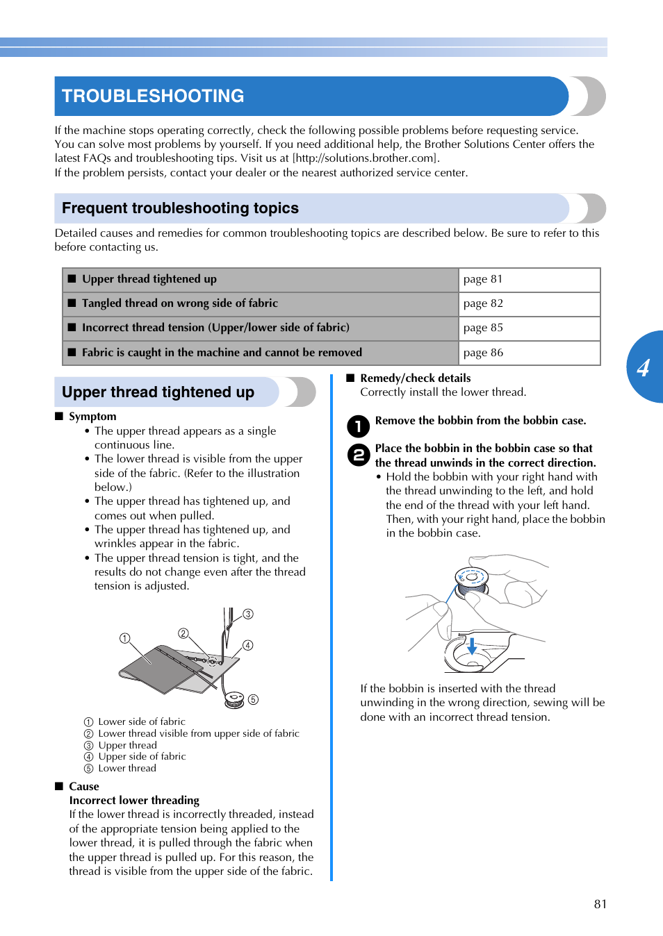 Troubleshooting, Frequent troubleshooting topics, Upper thread tightened up | Brother FS-20 User Manual | Page 83 / 100