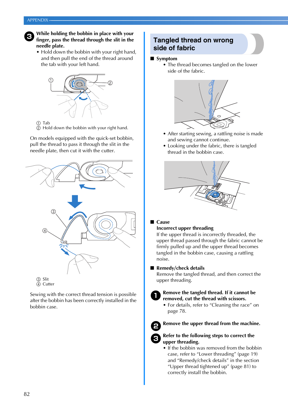 Tangled thread on wrong side of fabric | Brother FS-20 User Manual | Page 84 / 100