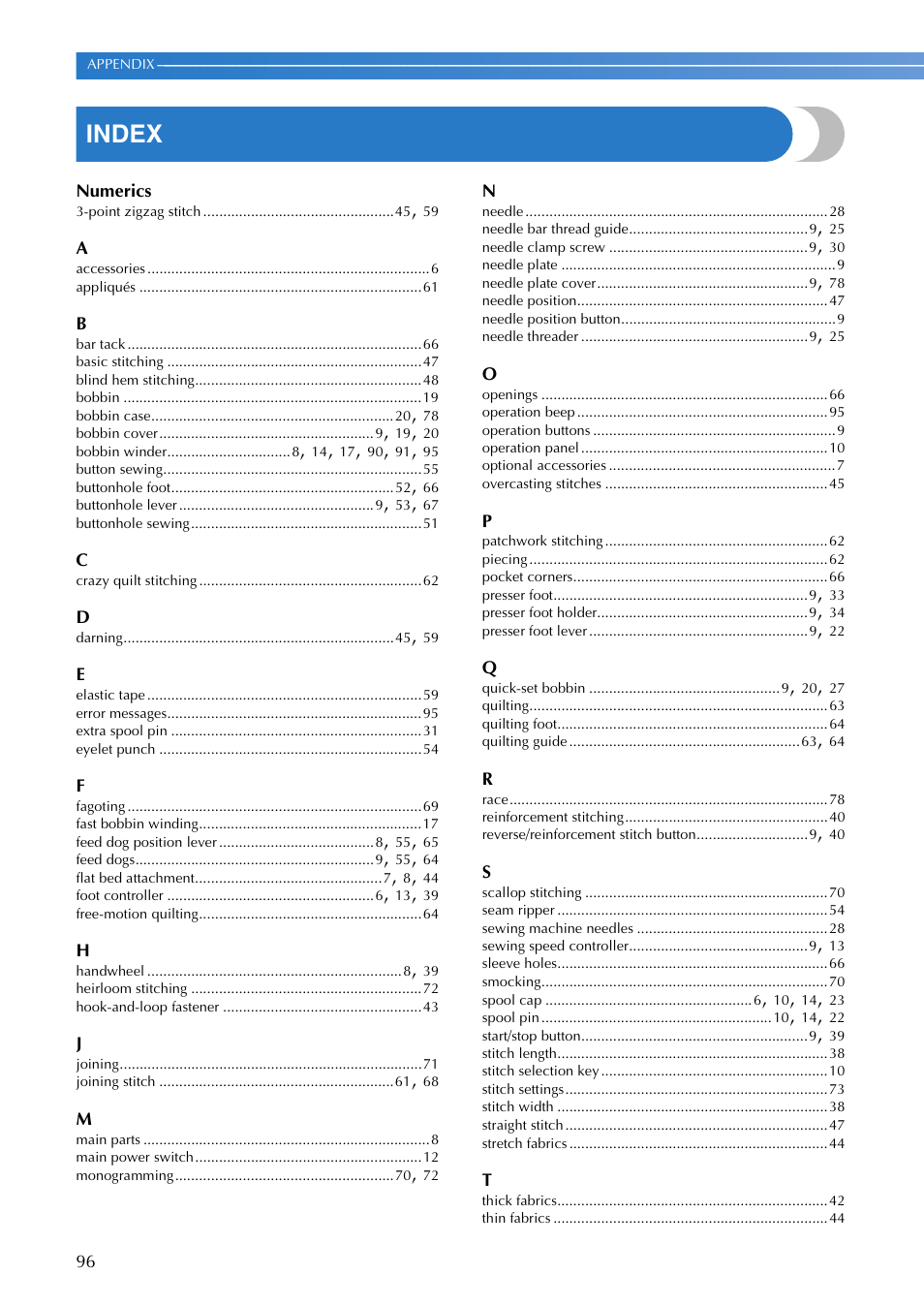 Index | Brother FS-20 User Manual | Page 98 / 100