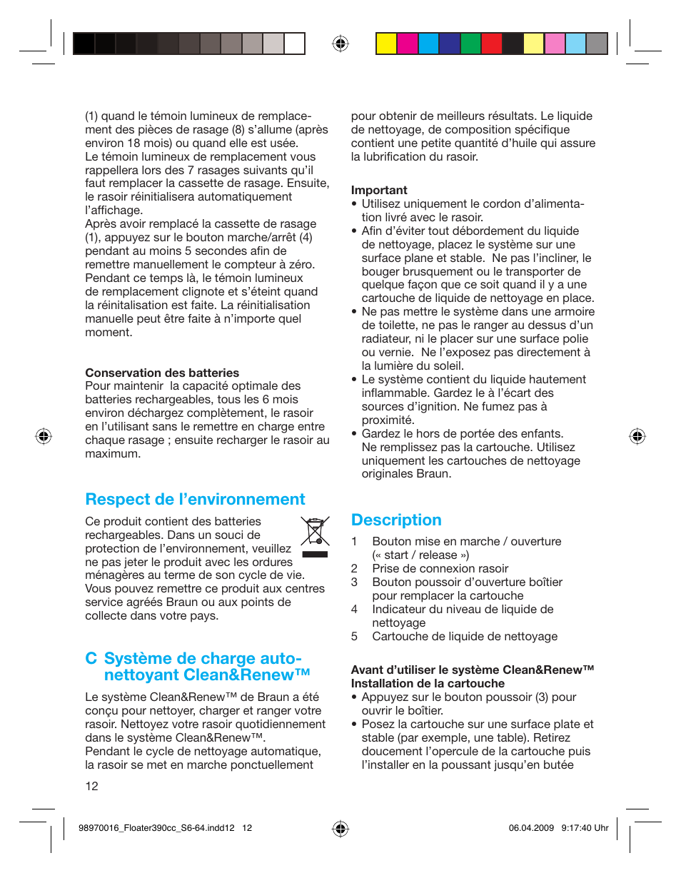 Respect de l’environnement, C système de charge auto- nettoyant clean&renew, Description | Braun 390cc Series 3 User Manual | Page 12 / 61