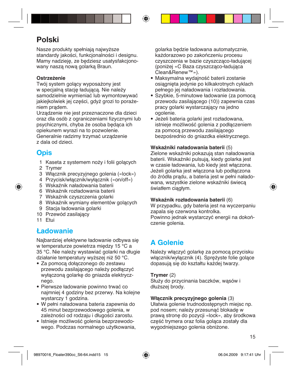 Polski, Opis, Ładowanie | A golenie | Braun 390cc Series 3 User Manual | Page 15 / 61