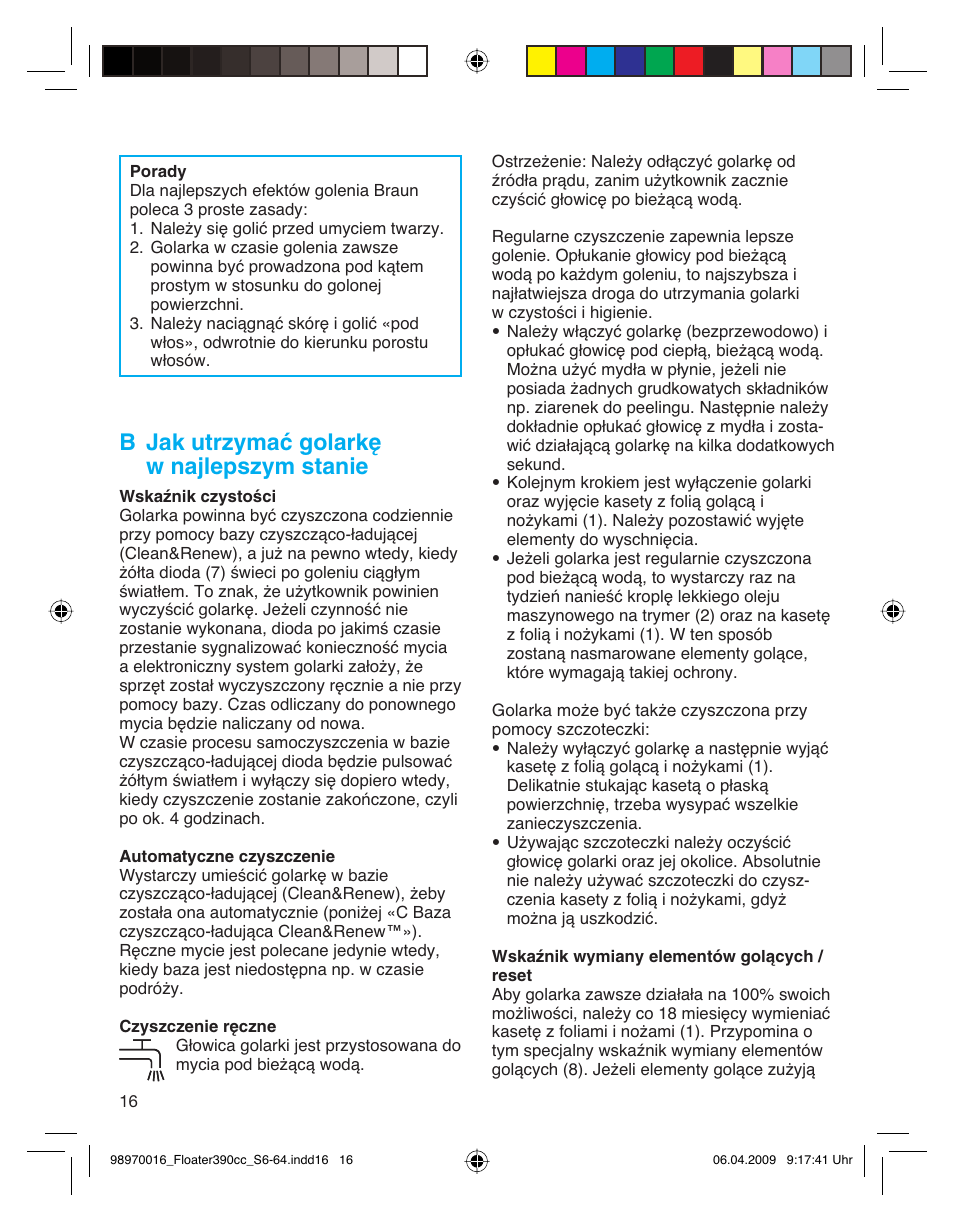 B jak utrzymać golarkę w najlepszym stanie | Braun 390cc Series 3 User Manual | Page 16 / 61