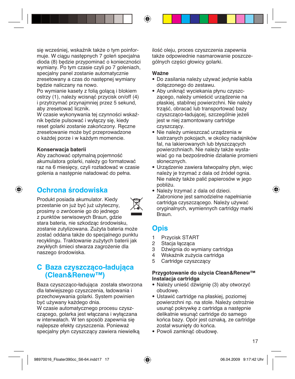 Ochrona środowiska, C baza czyszcząco-ładująca (clean&renew™), Opis | Braun 390cc Series 3 User Manual | Page 17 / 61