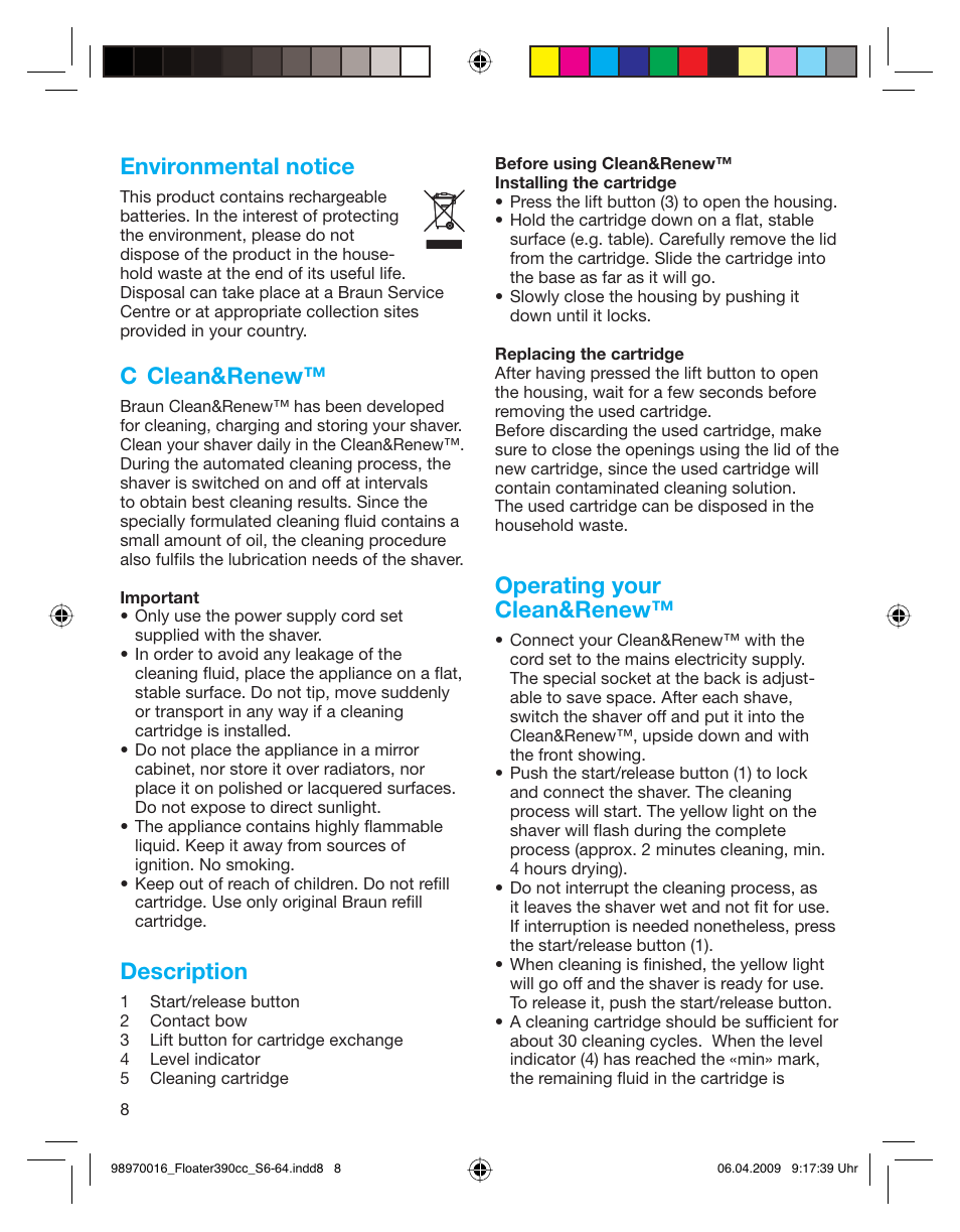Environmental notice, C clean&renew, Description | Operating your clean&renew | Braun 390cc Series 3 User Manual | Page 8 / 61