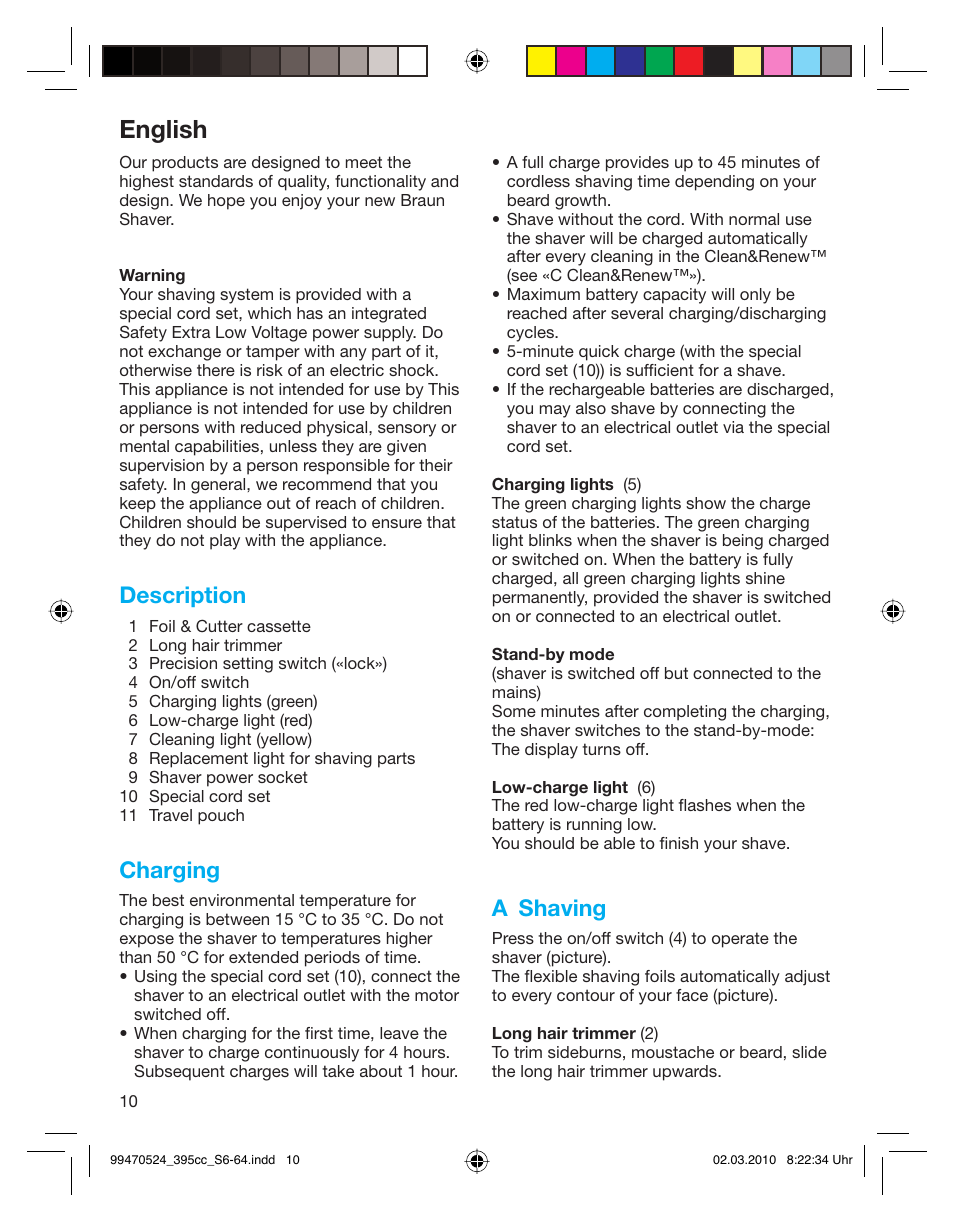 English, Description, Charging | A shaving | Braun 395cc-3 Series 3 User Manual | Page 10 / 62