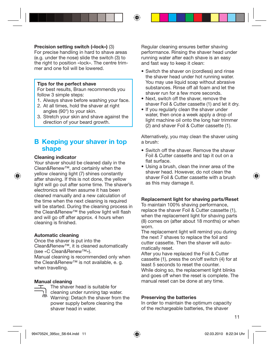B keeping your shaver in top shape | Braun 395cc-3 Series 3 User Manual | Page 11 / 62