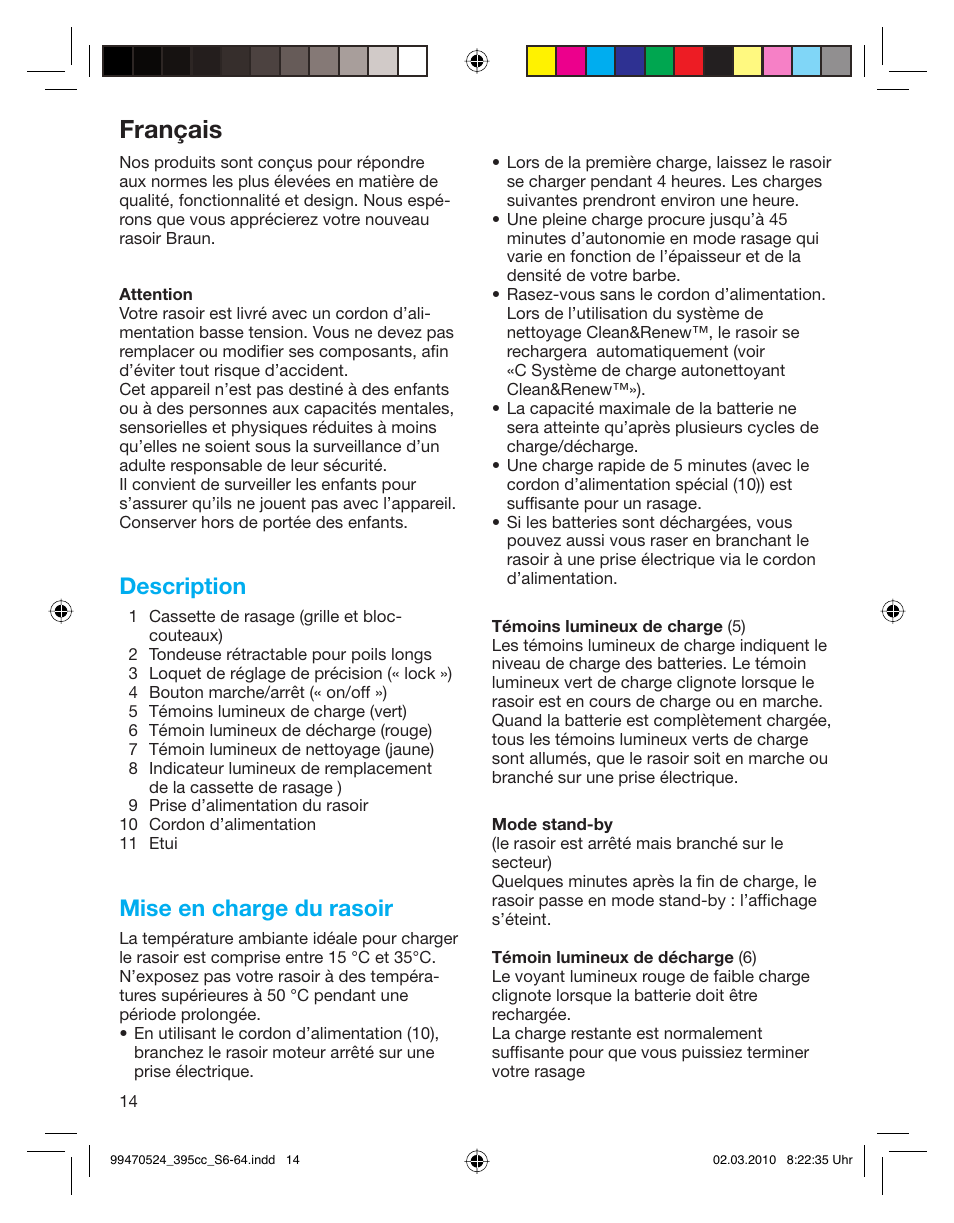 Français, Description, Mise en charge du rasoir | Braun 395cc-3 Series 3 User Manual | Page 14 / 62
