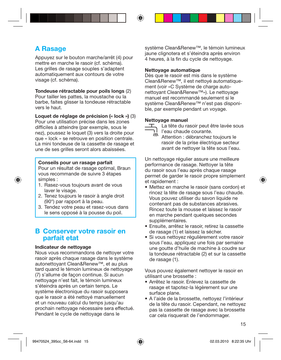 A rasage, B conserver votre rasoir en parfait etat | Braun 395cc-3 Series 3 User Manual | Page 15 / 62