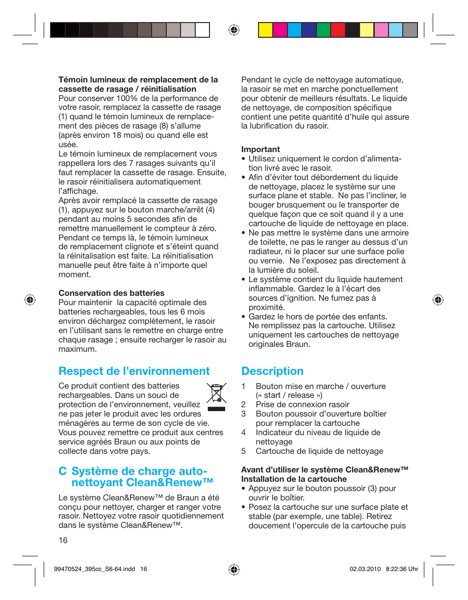 Respect de l’environnement, C système de charge auto- nettoyant clean&renew, Description | Braun 395cc-3 Series 3 User Manual | Page 16 / 62