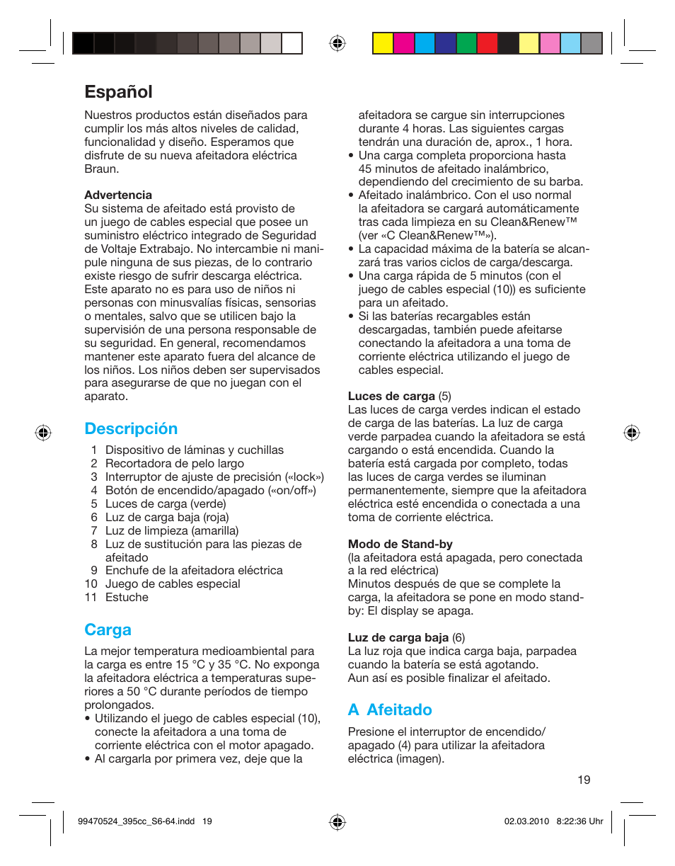 Español, Descripción, Carga | A afeitado | Braun 395cc-3 Series 3 User Manual | Page 19 / 62