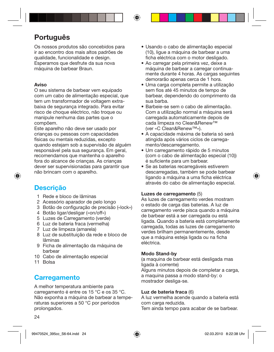 Português, Descrição, Carregamento | Braun 395cc-3 Series 3 User Manual | Page 24 / 62