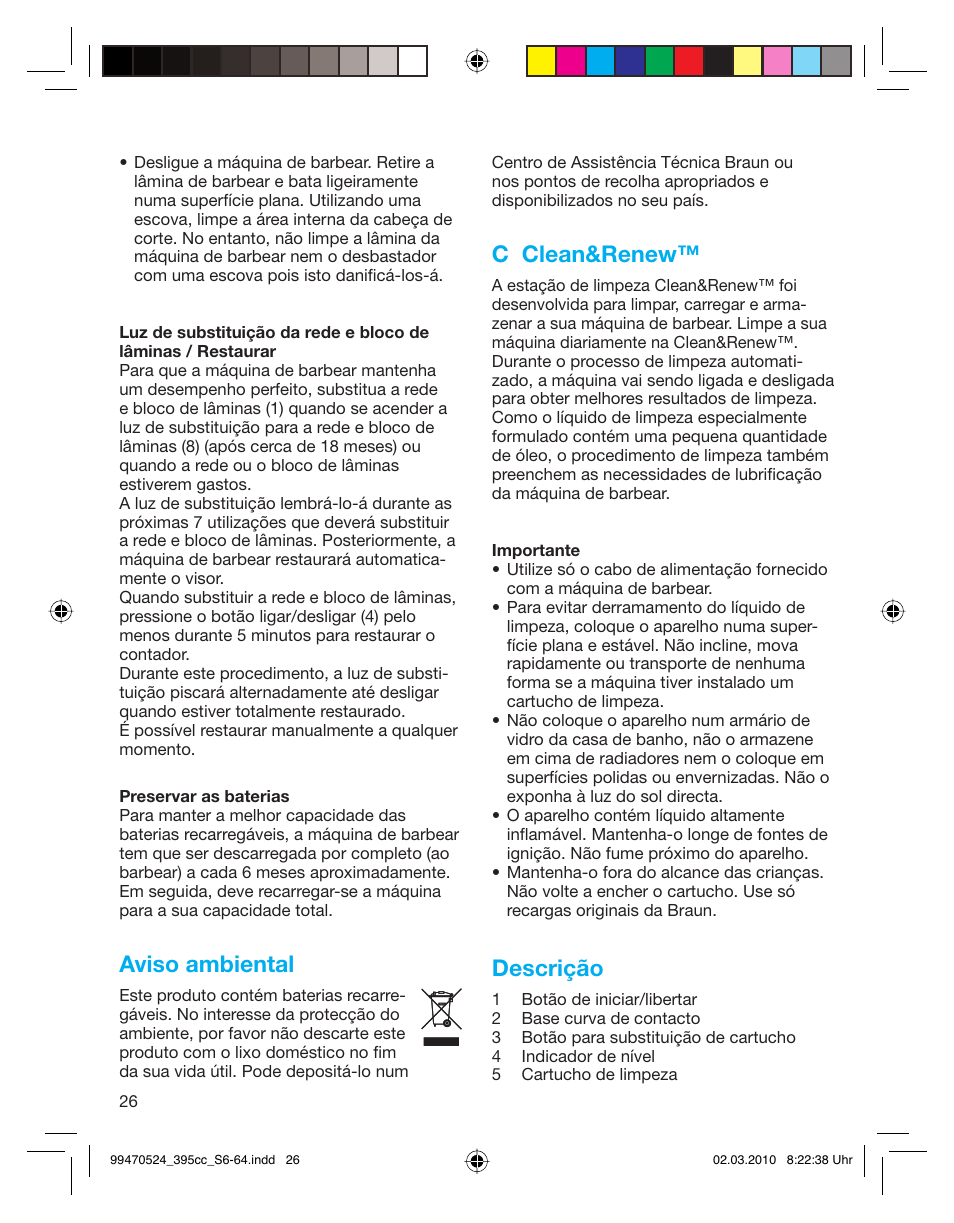 Aviso ambiental, C clean&renew, Descrição | Braun 395cc-3 Series 3 User Manual | Page 26 / 62