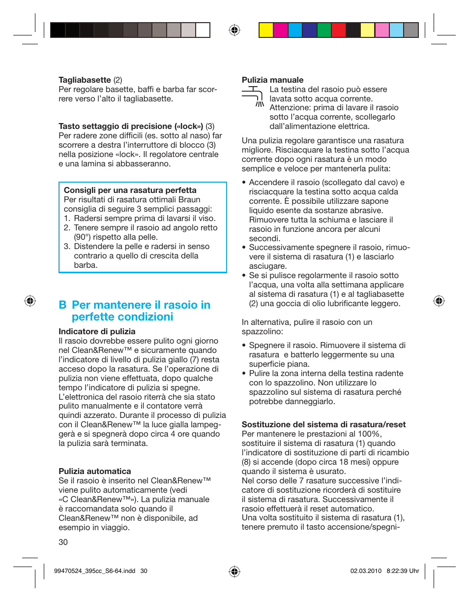 B per mantenere il rasoio in perfette condizioni | Braun 395cc-3 Series 3 User Manual | Page 30 / 62