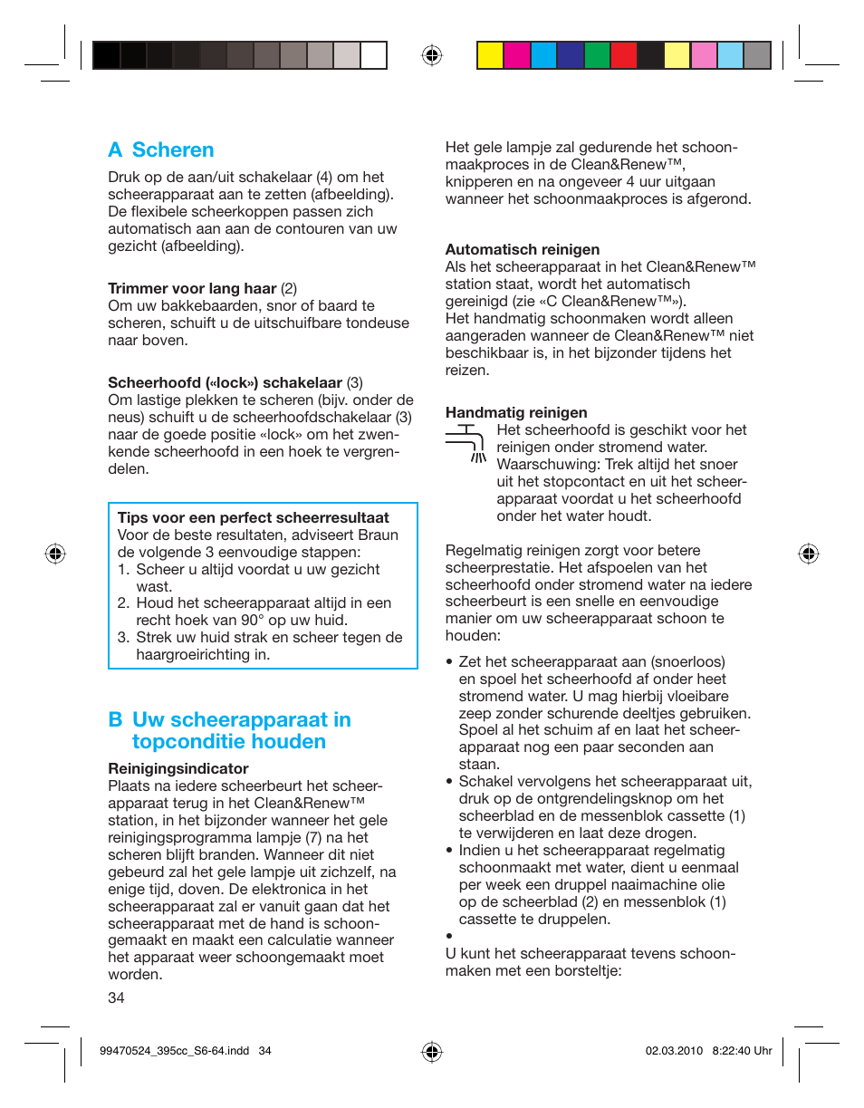 A scheren, B uw scheerapparaat in topconditie houden | Braun 395cc-3 Series 3 User Manual | Page 34 / 62