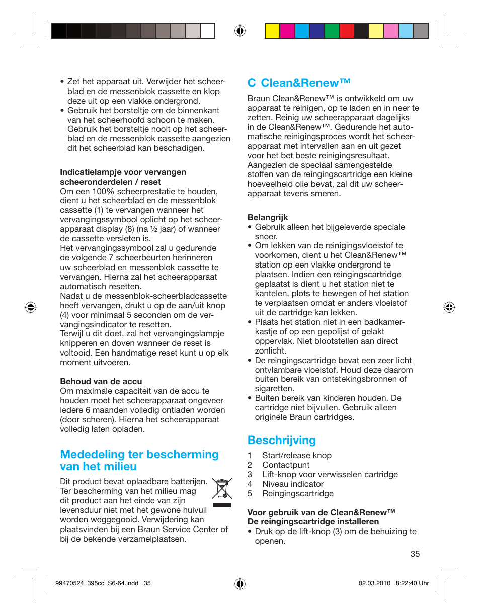 Mededeling ter bescherming van het milieu, C clean&renew, Beschrijving | Braun 395cc-3 Series 3 User Manual | Page 35 / 62