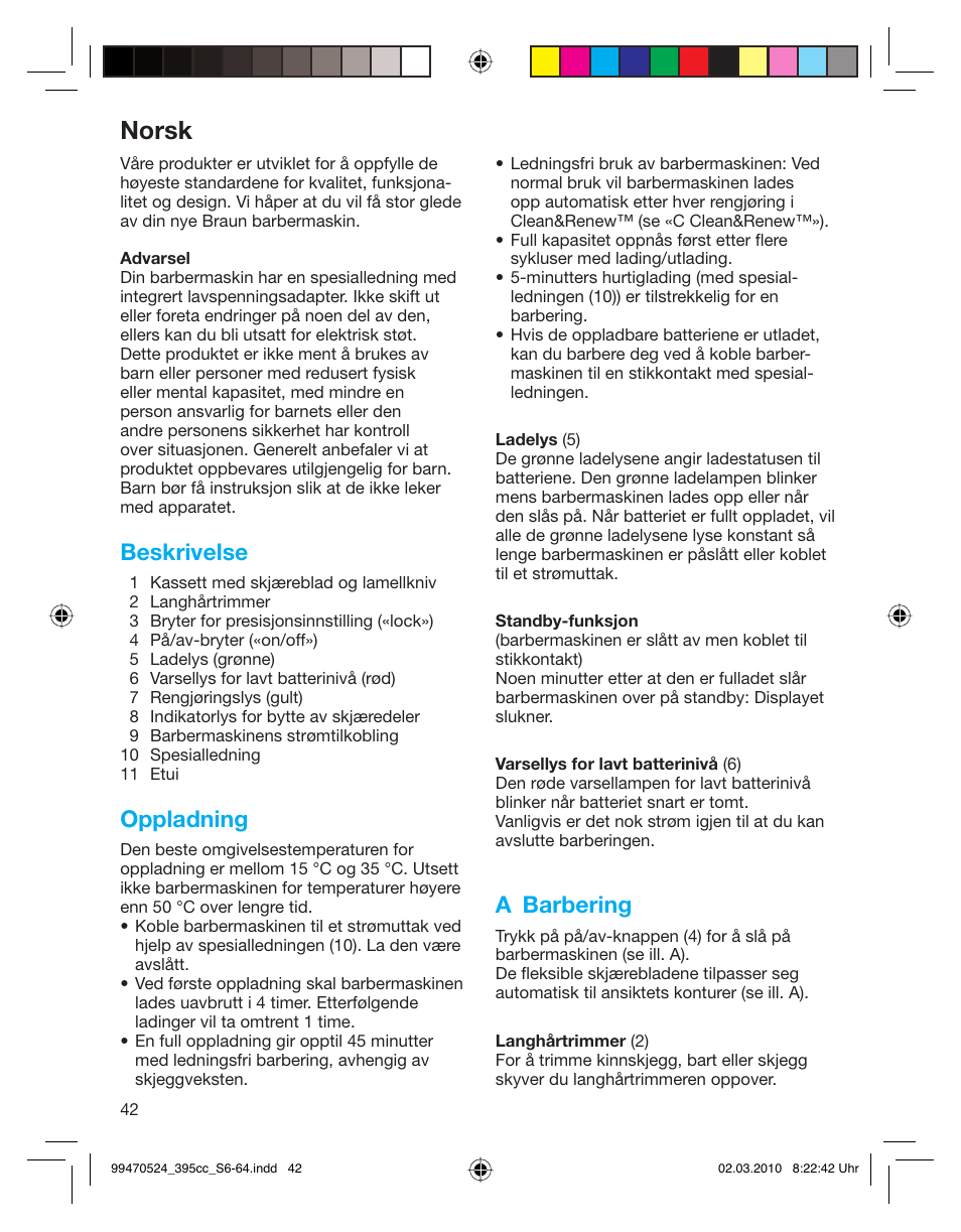 Norsk, Beskrivelse, Oppladning | A barbering | Braun 395cc-3 Series 3 User Manual | Page 42 / 62