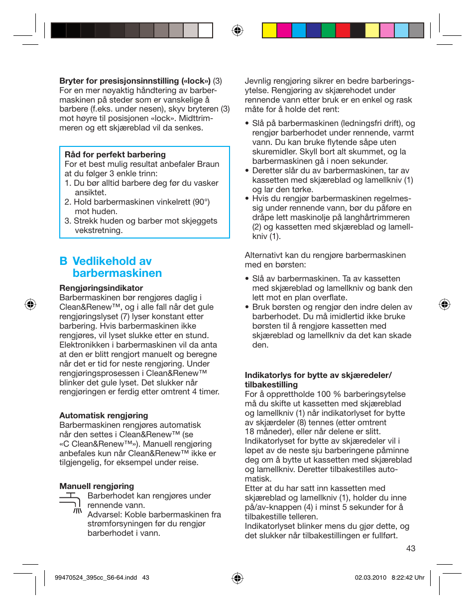 B vedlikehold av barbermaskinen | Braun 395cc-3 Series 3 User Manual | Page 43 / 62