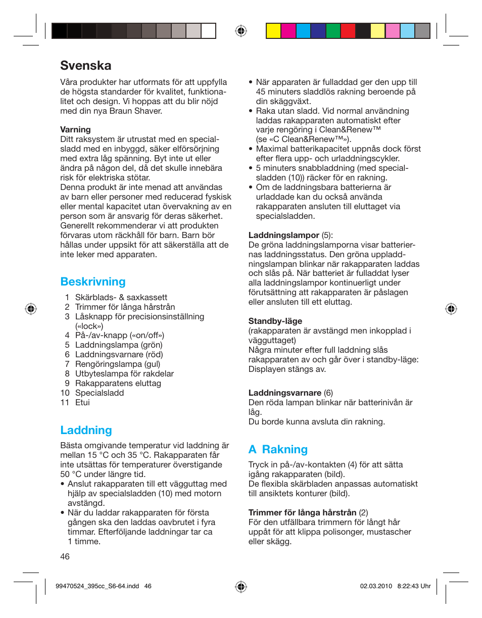 Svenska, Beskrivning, Laddning | A rakning | Braun 395cc-3 Series 3 User Manual | Page 46 / 62