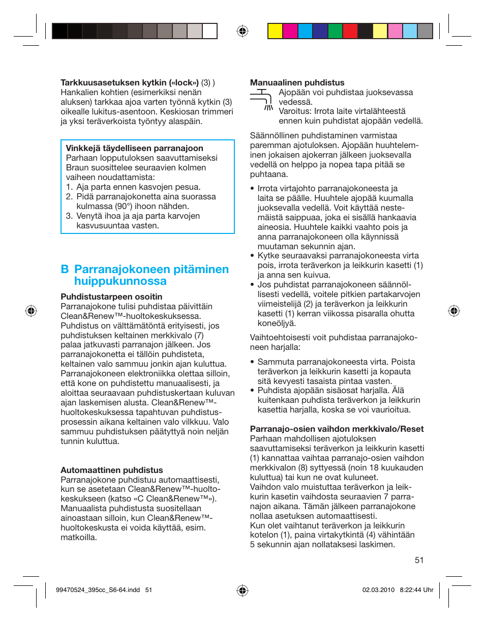 B parranajokoneen pitäminen huippukunnossa | Braun 395cc-3 Series 3 User Manual | Page 51 / 62