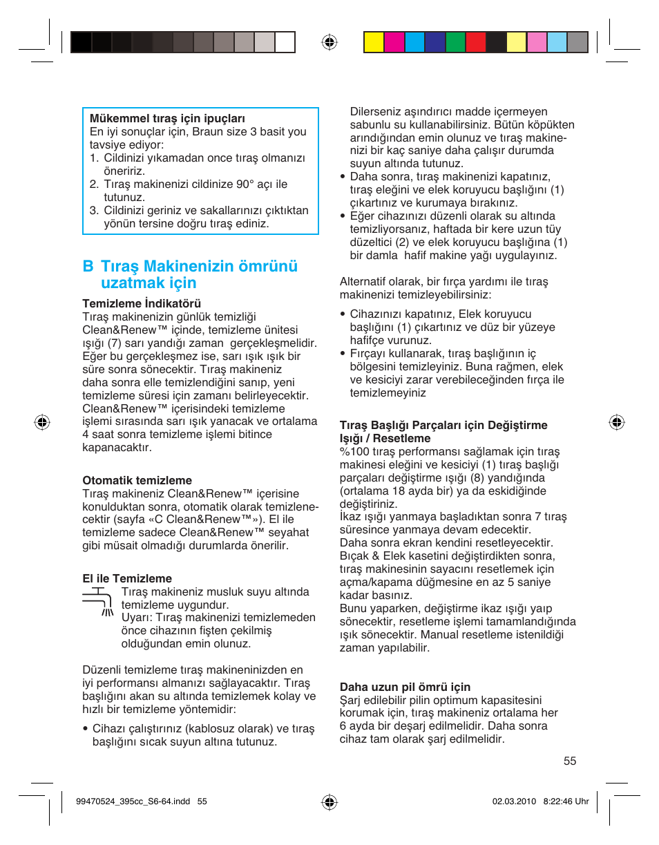 B tıraş makinenizin ömrünü uzatmak için | Braun 395cc-3 Series 3 User Manual | Page 55 / 62