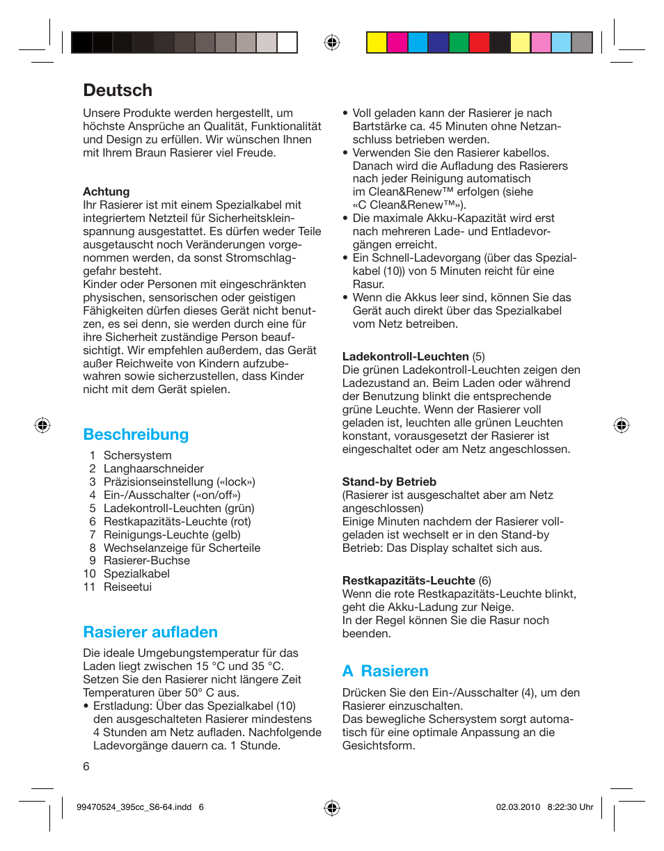 Deutsch, Beschreibung, Rasierer aufladen | A rasieren | Braun 395cc-3 Series 3 User Manual | Page 6 / 62