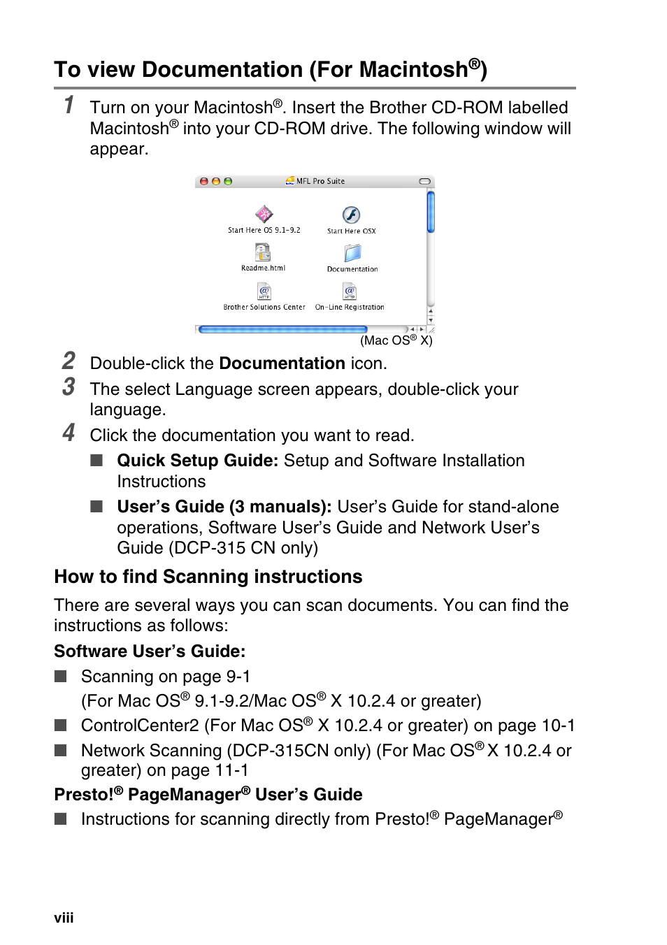 To view documentation (for macintosh®), How to find scanning instructions | Brother DCP-115C User Manual | Page 10 / 110