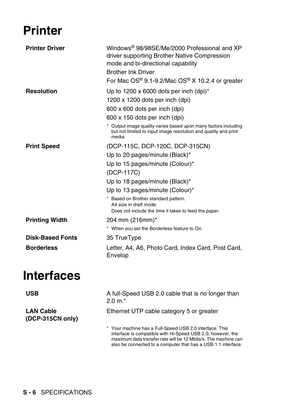 Printer, Interfaces, Printer interfaces | Brother DCP-115C User Manual | Page 104 / 110