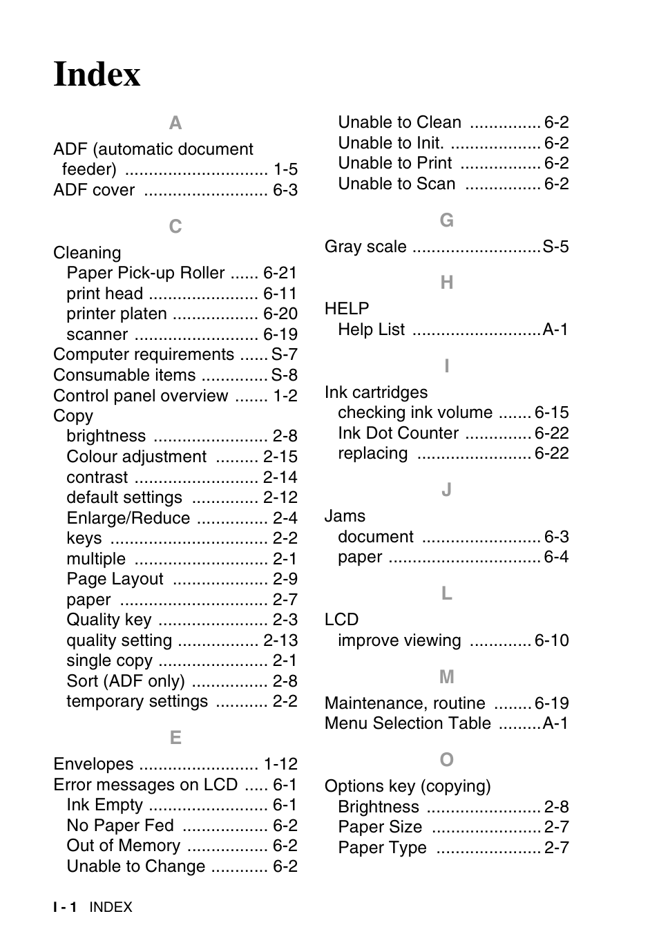 Index | Brother DCP-115C User Manual | Page 108 / 110