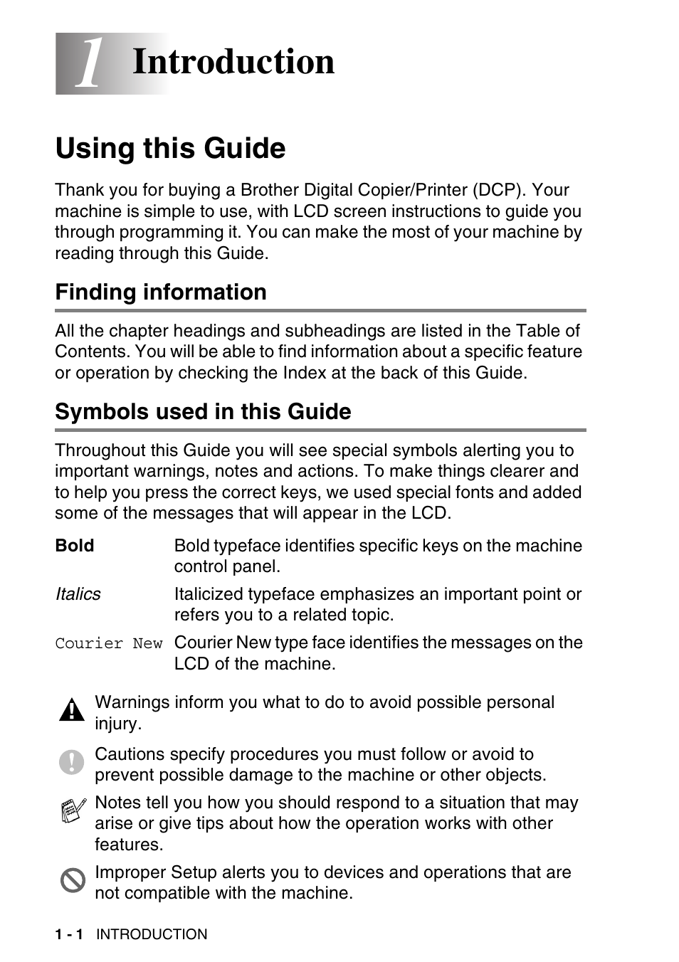 1 introduction, Using this guide, Finding information | Symbols used in this guide, Introduction -1, Using this guide -1, Introduction | Brother DCP-115C User Manual | Page 14 / 110