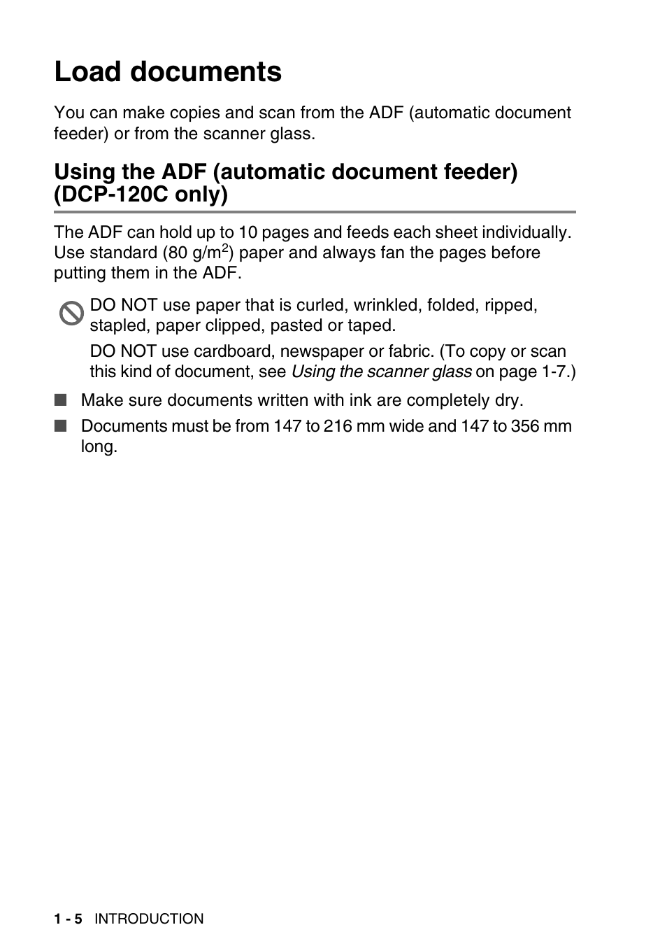 Load documents, Load documents -5, Using the adf (automatic document feeder) | Dcp-120c only) -5 | Brother DCP-115C User Manual | Page 18 / 110