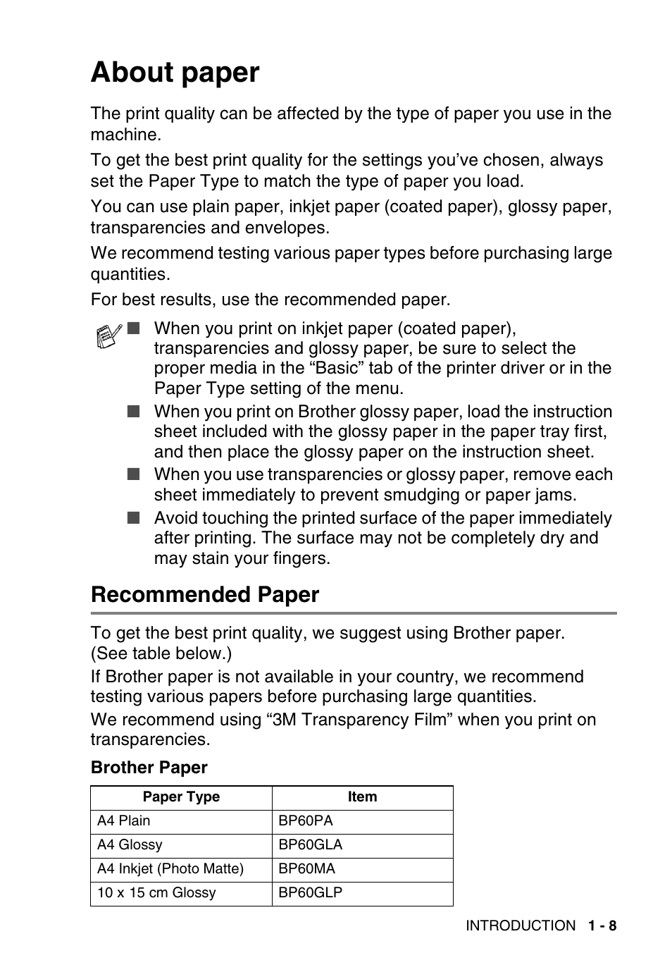 About paper, Recommended paper, About paper -8 | Recommended paper -8 | Brother DCP-115C User Manual | Page 21 / 110