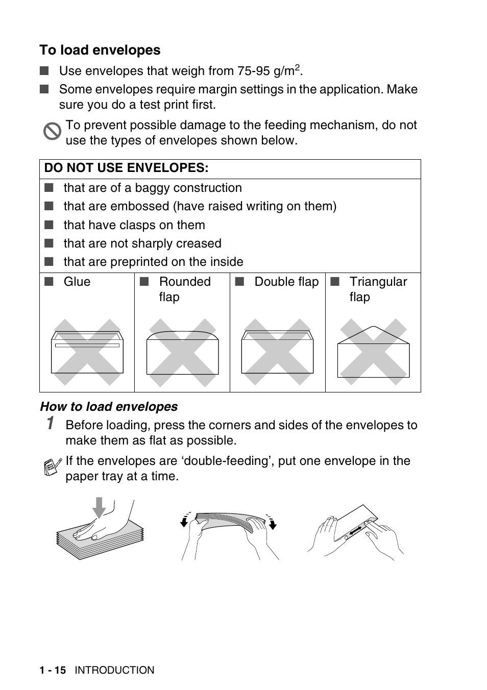 To load envelopes, To load envelopes -15 | Brother DCP-115C User Manual | Page 28 / 110