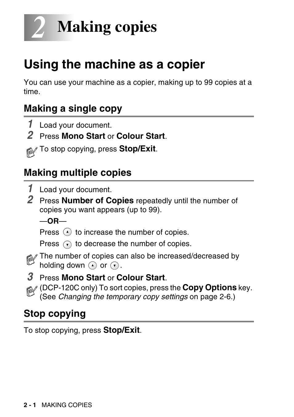 2 making copies, Using the machine as a copier, Making a single copy | Making multiple copies, Stop copying, Making copies -1, Using the machine as a copier -1, Making copies | Brother DCP-115C User Manual | Page 30 / 110