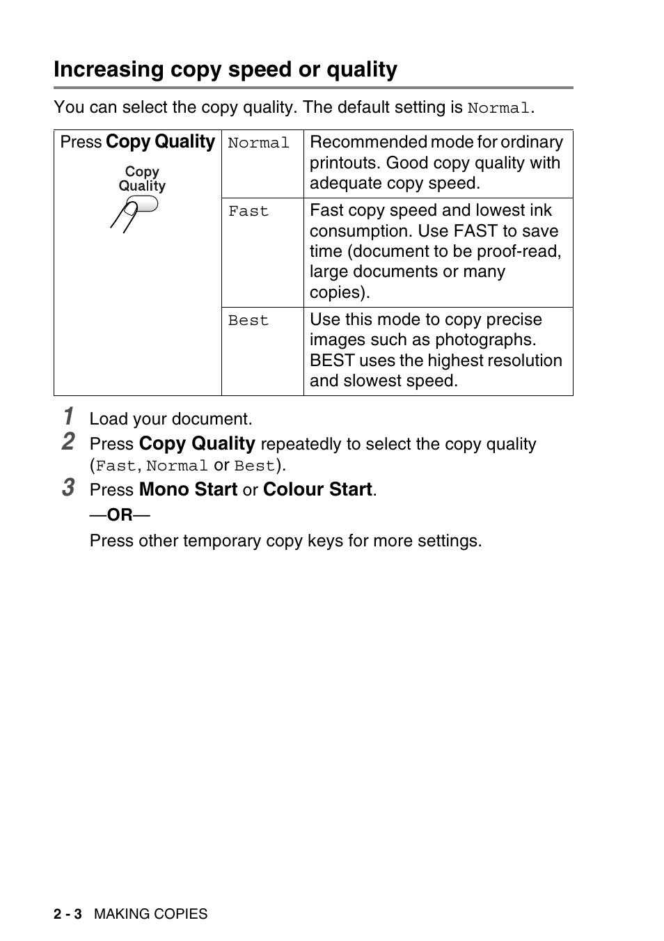 Increasing copy speed or quality, Increasing copy speed or quality -3 | Brother DCP-115C User Manual | Page 32 / 110