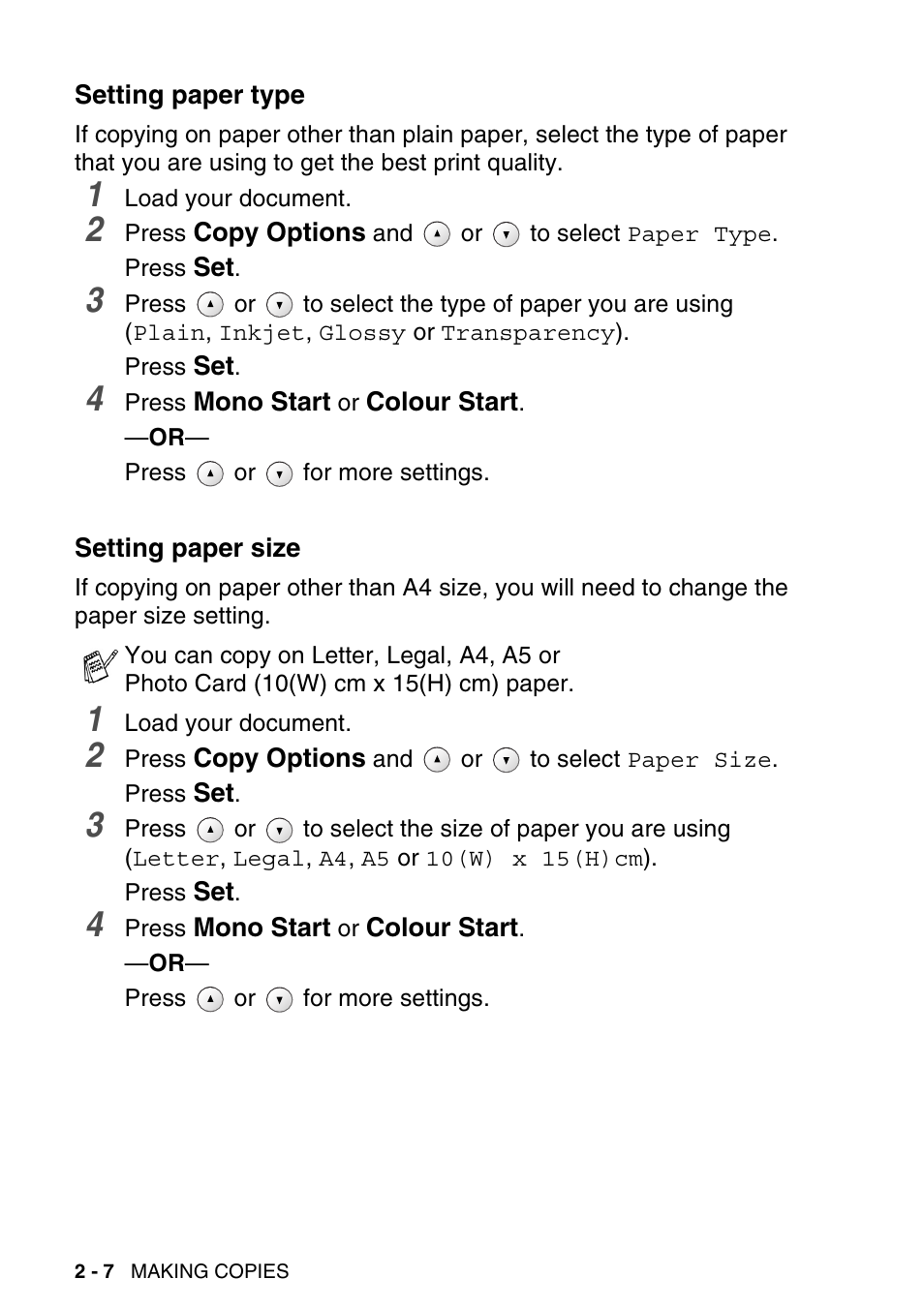 Setting paper type, Setting paper size, Setting paper type -7 setting paper size -7 | Brother DCP-115C User Manual | Page 36 / 110