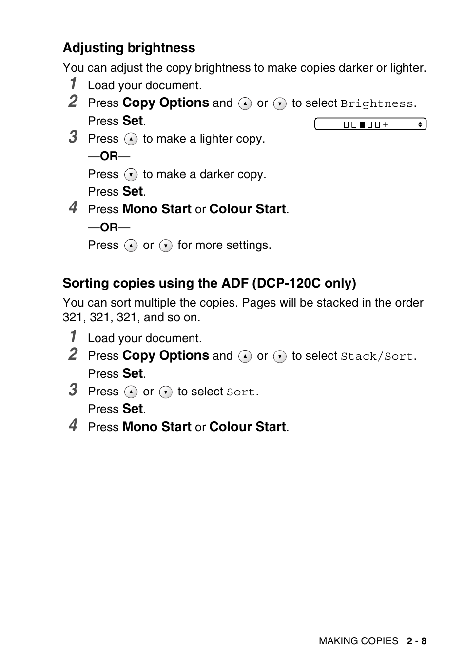 Adjusting brightness, Sorting copies using the adf (dcp-120c only) | Brother DCP-115C User Manual | Page 37 / 110