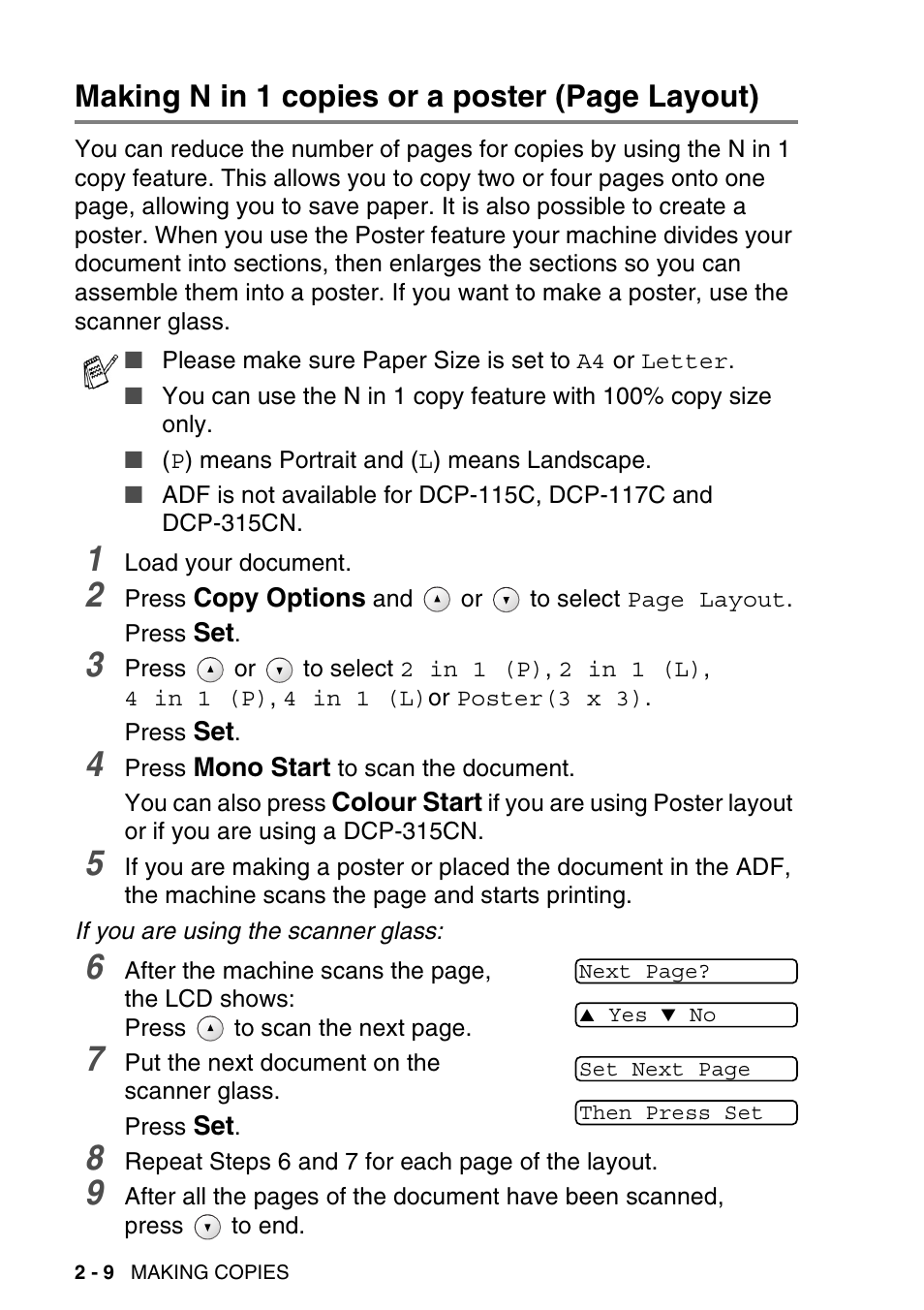 Making n in 1 copies or a poster (page layout) | Brother DCP-115C User Manual | Page 38 / 110