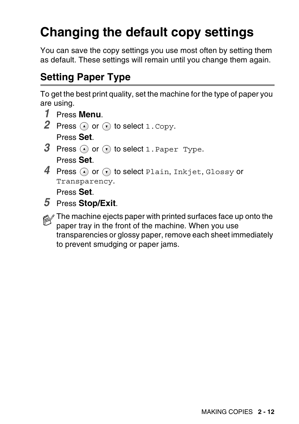 Changing the default copy settings, Setting paper type, Changing the default copy settings -12 | Setting paper type -12 | Brother DCP-115C User Manual | Page 41 / 110