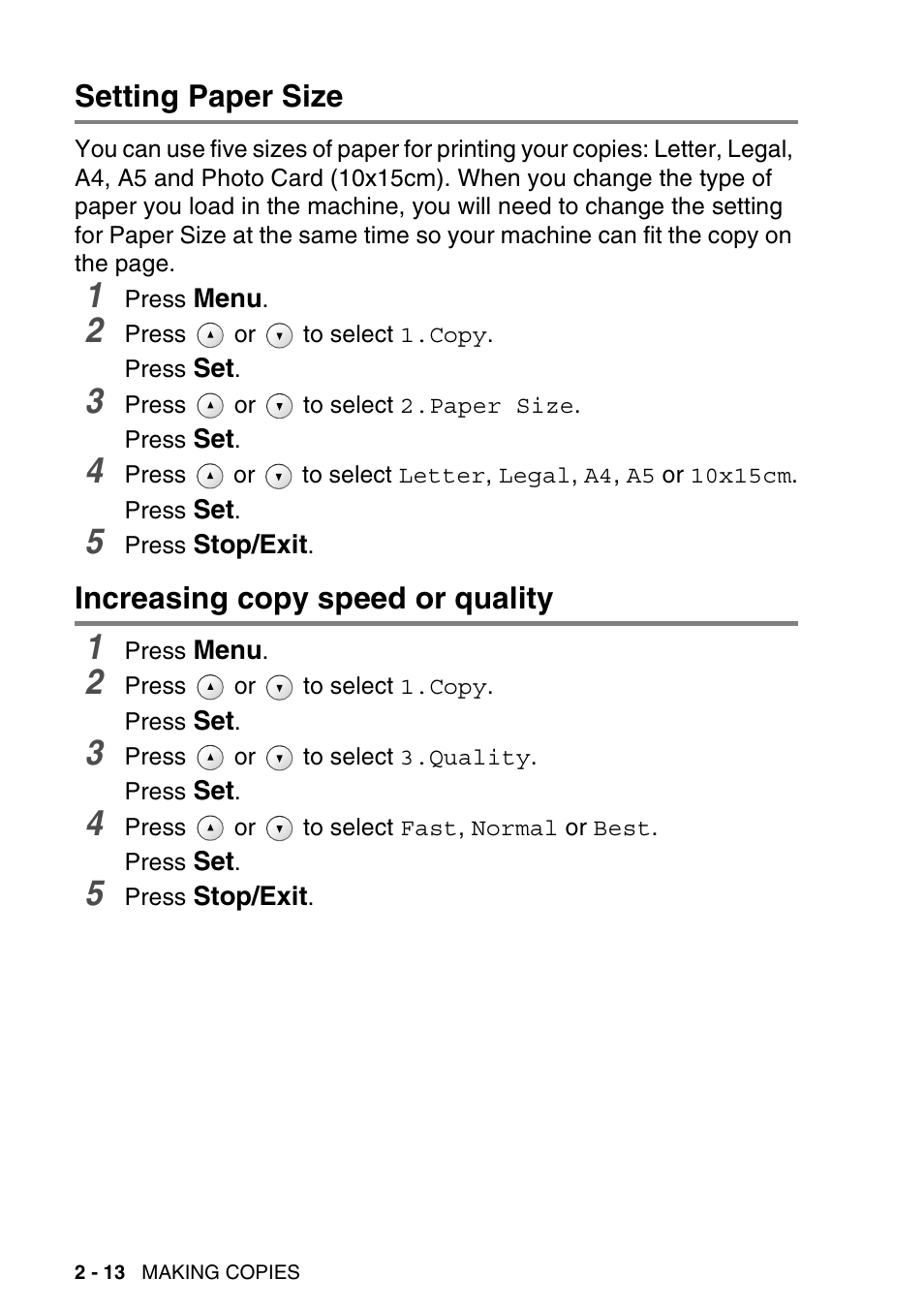 Setting paper size, Increasing copy speed or quality | Brother DCP-115C User Manual | Page 42 / 110