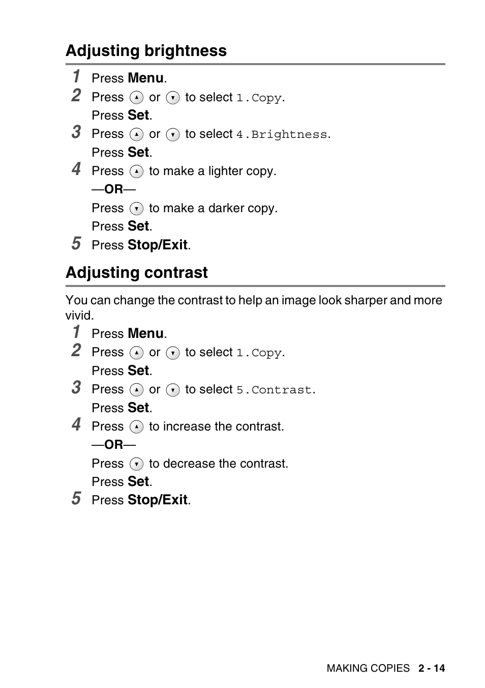 Adjusting brightness, Adjusting contrast, Adjusting brightness -14 | Adjusting contrast -14 | Brother DCP-115C User Manual | Page 43 / 110