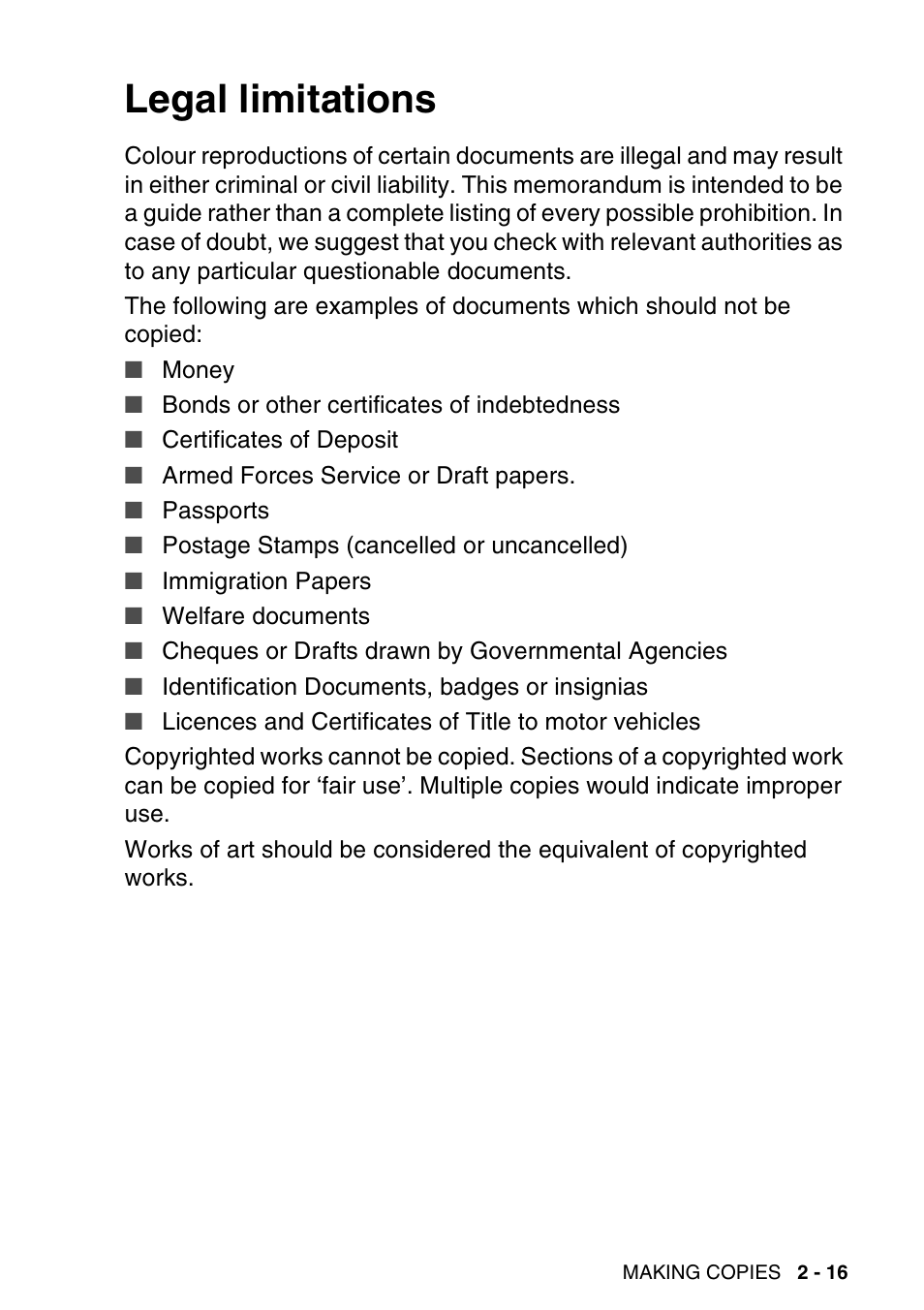 Legal limitations, Legal limitations -16 | Brother DCP-115C User Manual | Page 45 / 110